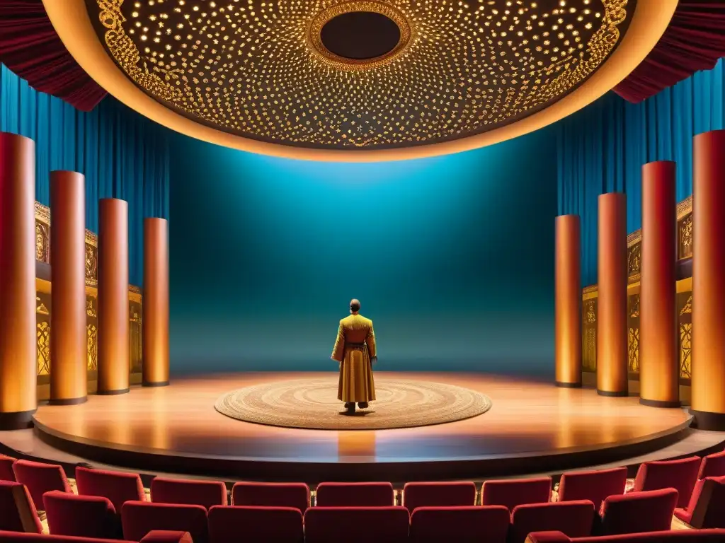 Una fotografía en tonos sepia de un escenario teatral con elementos simbólicos alquímicos entrelazados sutilmente