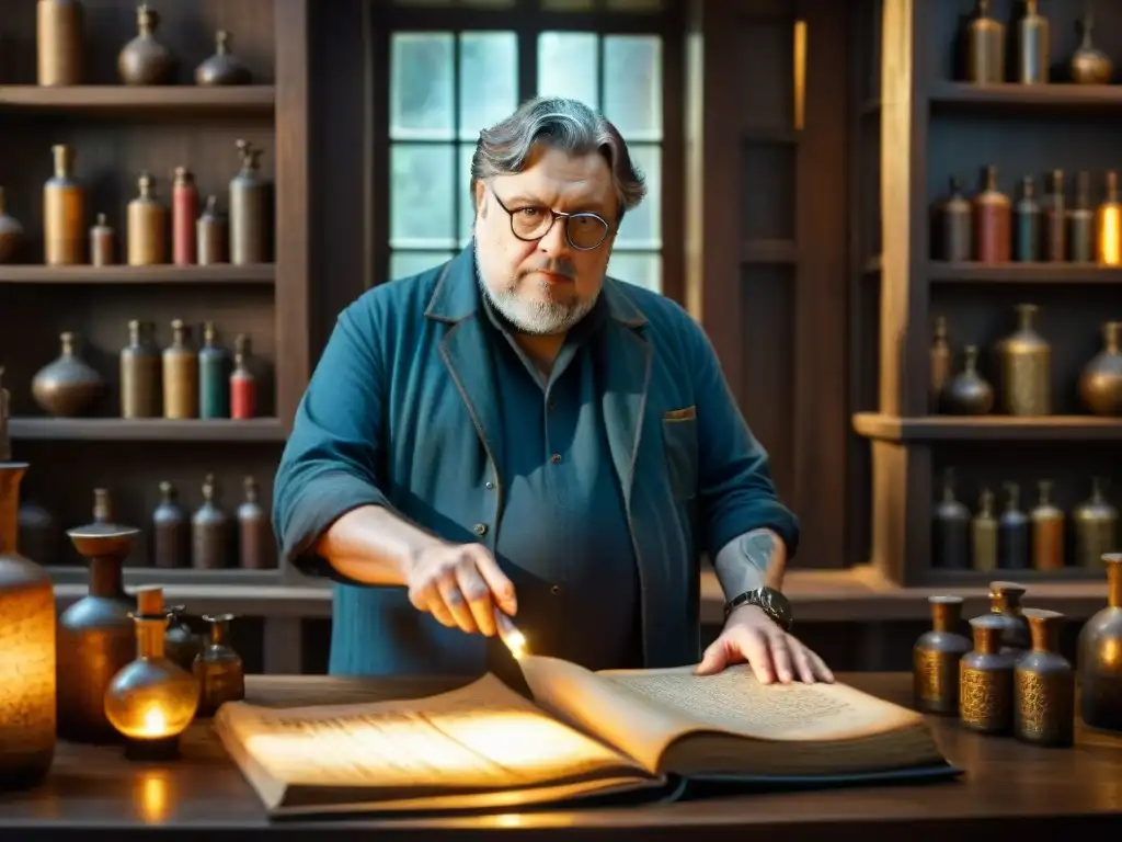 Guillermo del Toro examina una poción brillante en un misterioso escenario alquímico