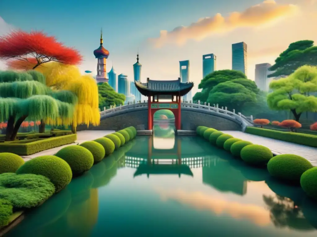 Un jardín tranquilo con arquitectura china y rascacielos modernos en el fondo