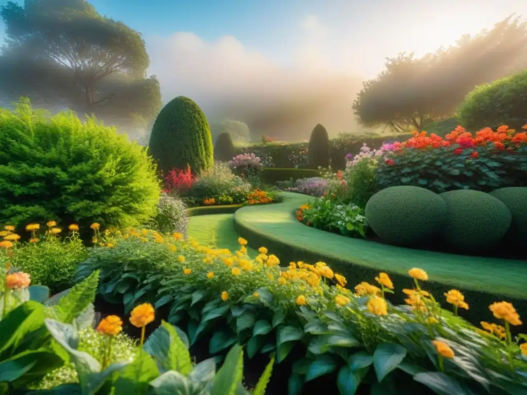 Un jardín tranquilo con exuberante vegetación, flores vibrantes y un arroyo serpenteante