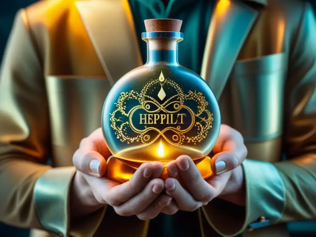 Transformación alquímica a través arte: Manos sostienen frasco dorado con líquido brillante, entre antiguos textos y símbolos