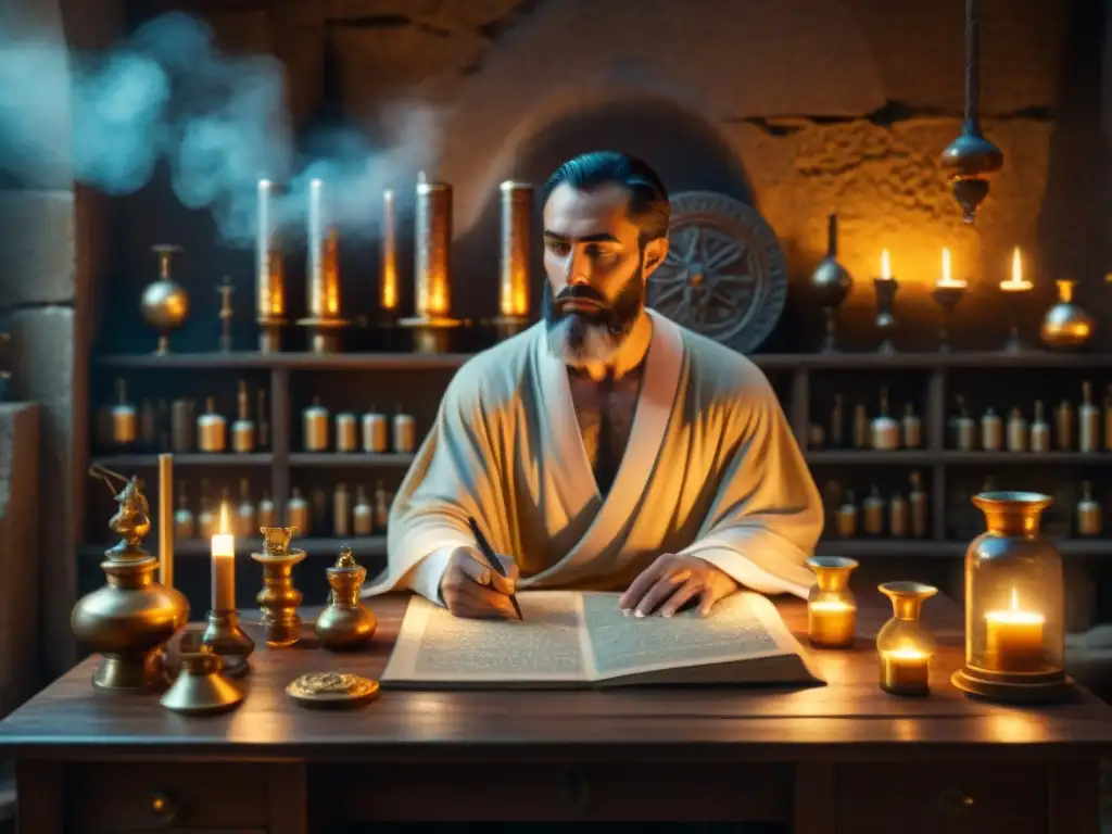 Hermes Trismegistus en laboratorio de alquimia antigua con herramientas, velas y símbolos, evocando la transmutación metales base oro alquimia