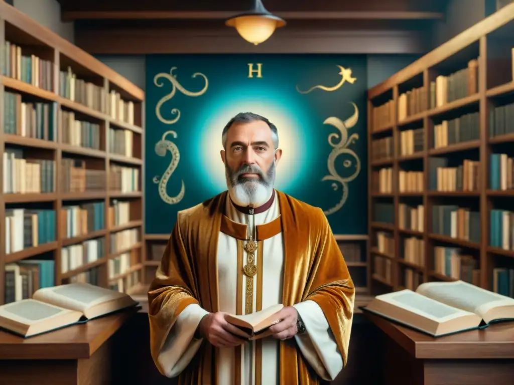 Hermes Trismegistus rodeado de artistas y eruditos en una biblioteca renacentista, influencia Hermes Trismegisto Renacimiento