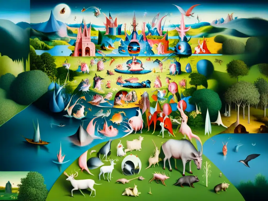 Un universo alquímico y enigmático de arte por Hieronymus Bosch, con criaturas fantásticas y paisajes surrealistas