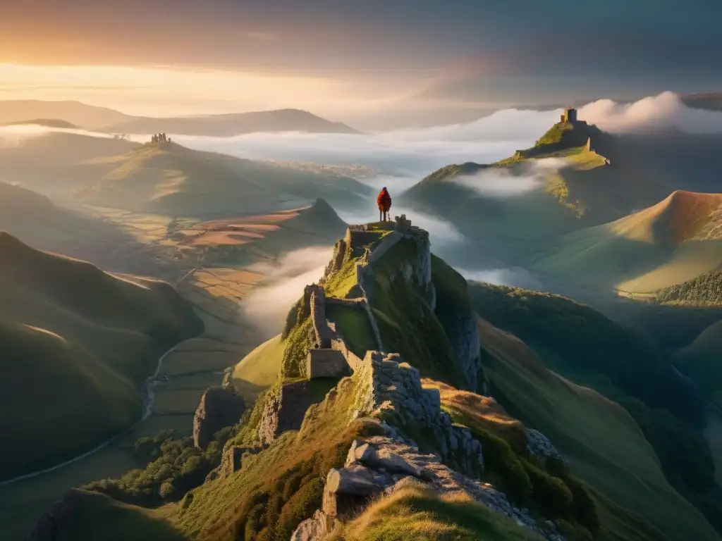 Viaje heroico en la cima de la montaña alquímica, bañado por la luz del sol naciente