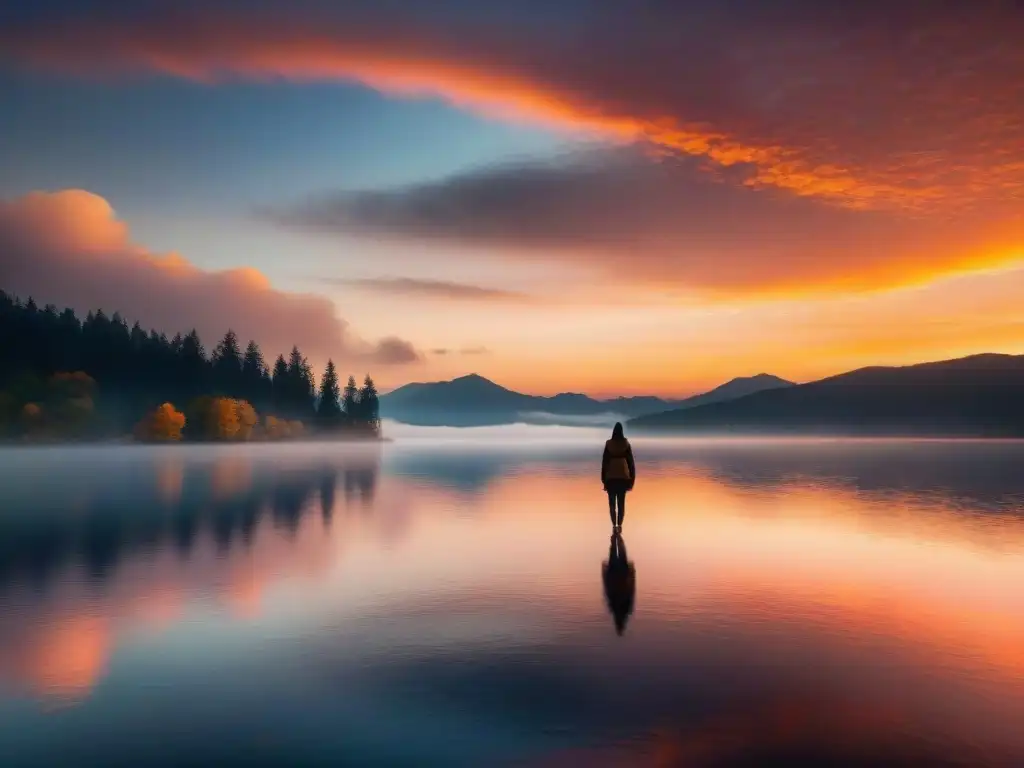 Un viajero solitario contempla el lago al atardecer, reflejando estrategias alquímicas para integrar sombra