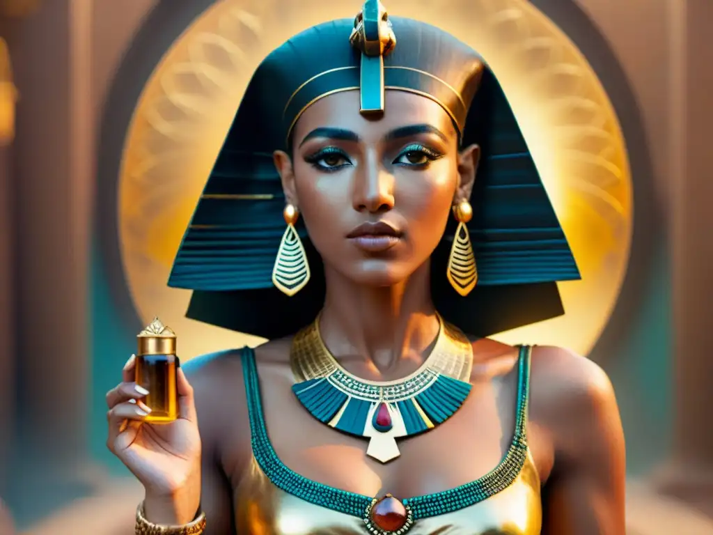 Cleopatra con vial de elixir dorado rodeada de símbolos alquímicos