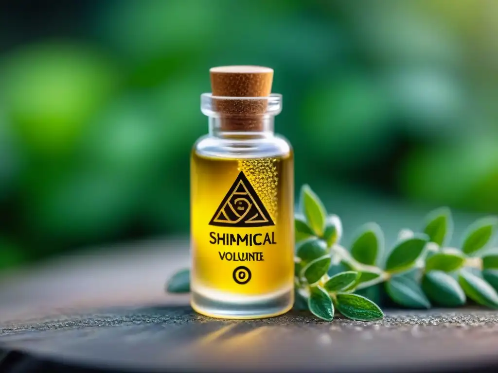 Vial de vidrio con suero dorado brillante y símbolos alquímicos, rodeado de vegetación y rocío