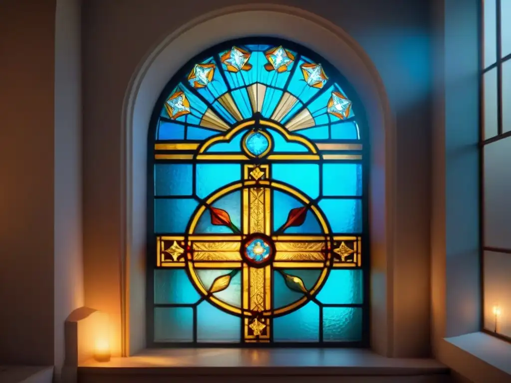 Un vitral histórico en una catedral con símbolos alquímicos y religiosos, iluminado por una luz suave