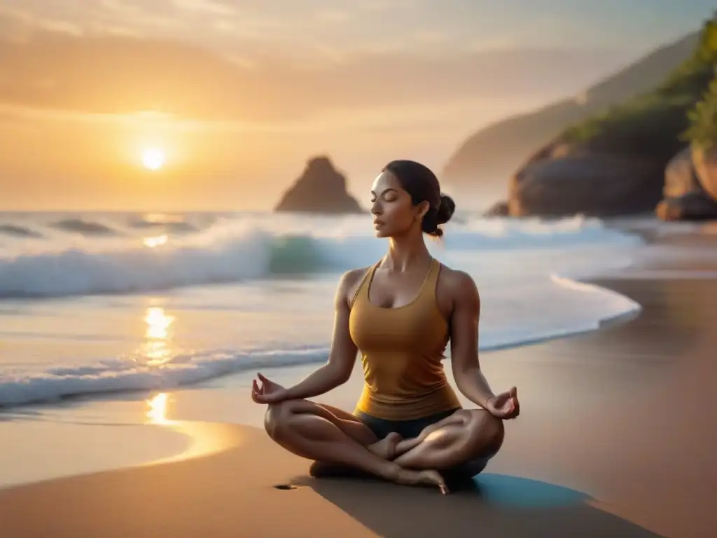 Práctica de yoga al amanecer en la playa, con el mar de fondo y el sol elevándose, simbolizando la transmutación interna y la meditación alquímica